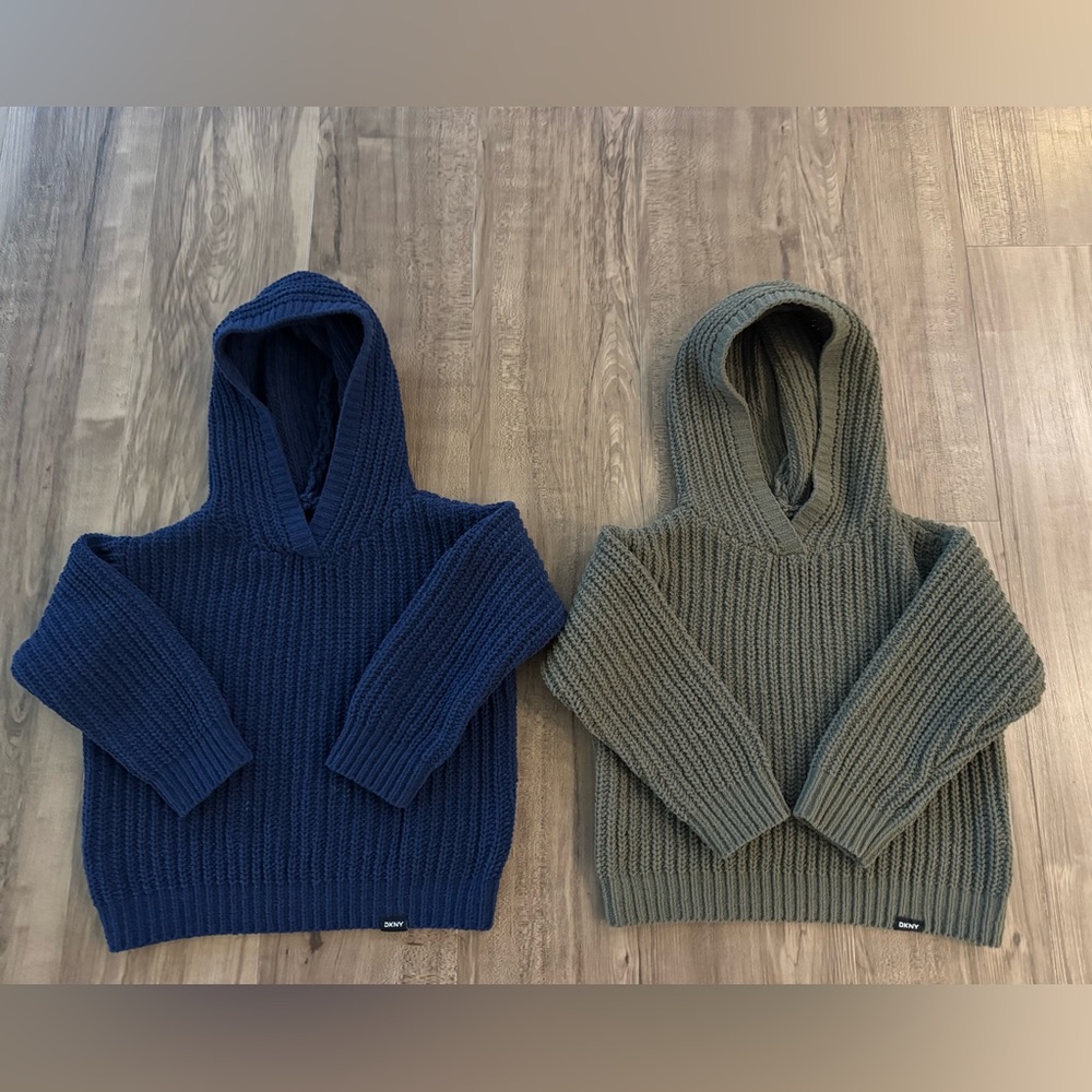 DKNY Toddler Boys 2T Knit Hoodie Sweater Bundle. Navy & Olive Green Pullover Set